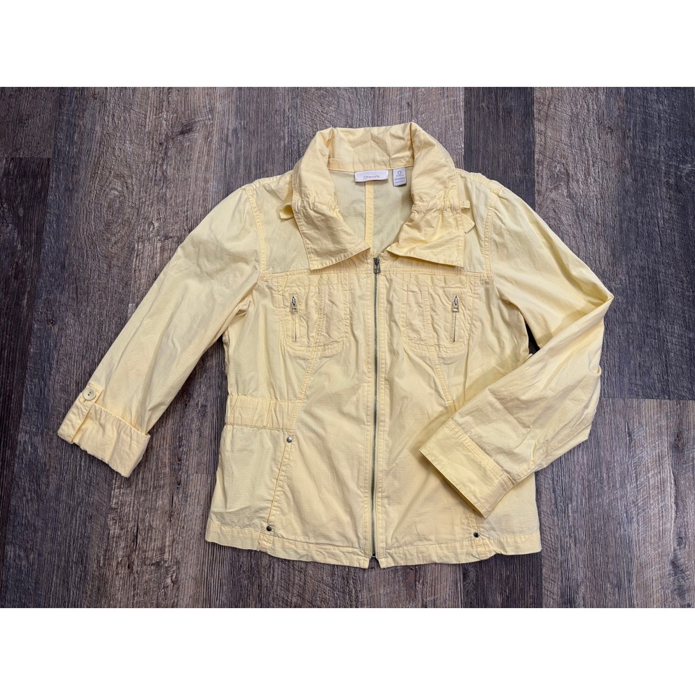 Chicos Pale Yellow Utility Jacket Size 0 S Full Zip Ripstop Cinched Waist Cotton